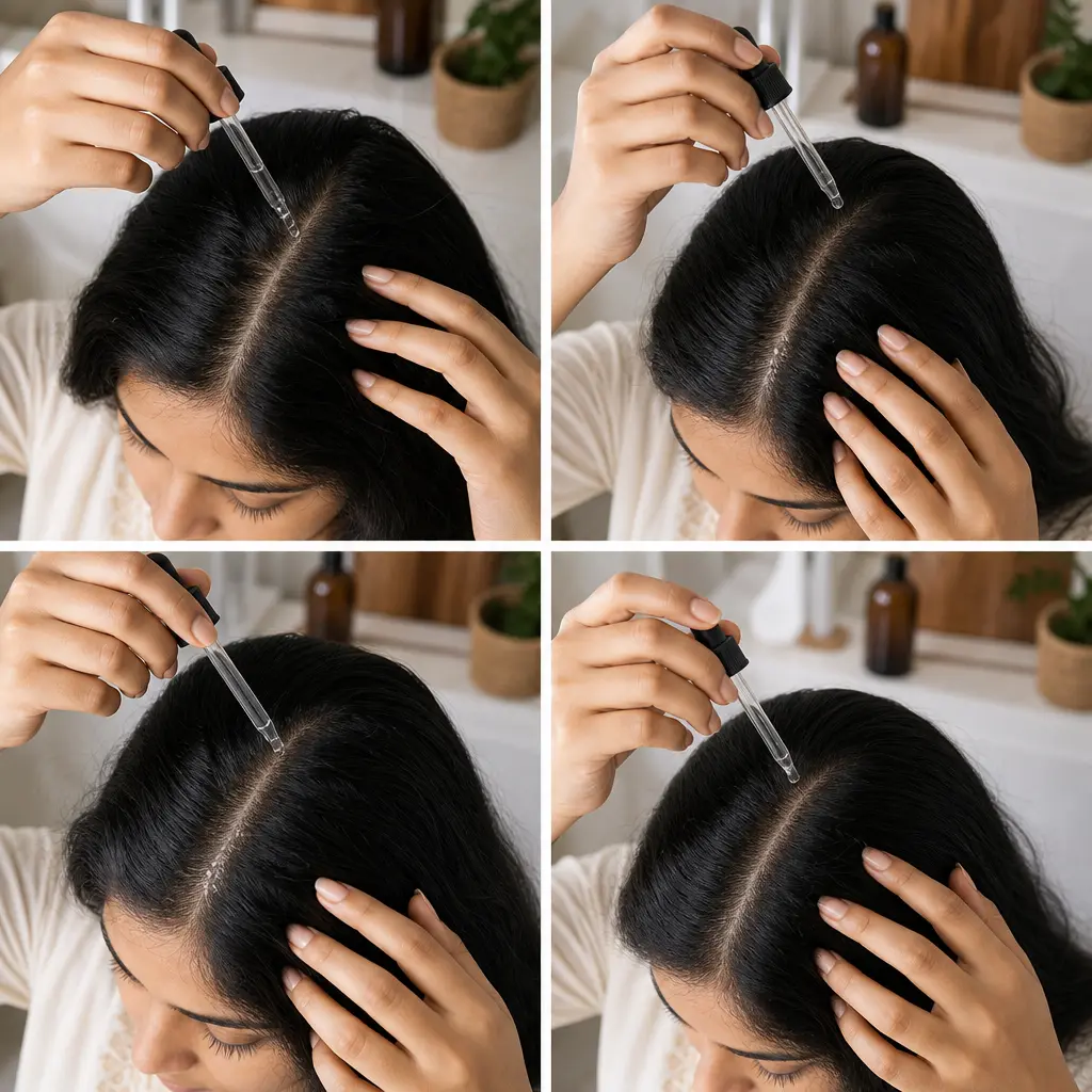 Dropper applying serum along scalp partings on an Indian woman