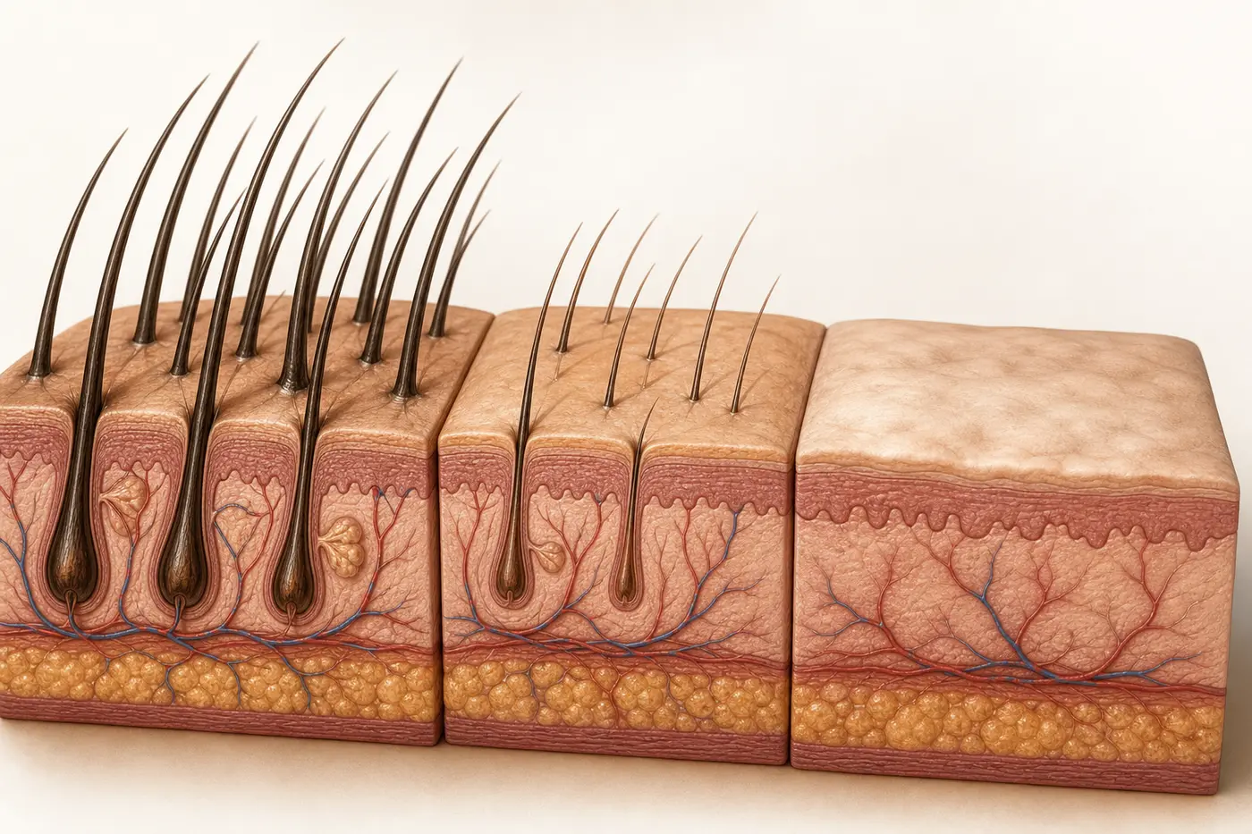Scalp cross sections showing healthy follicles, miniaturized follicles, and scarred follicle loss