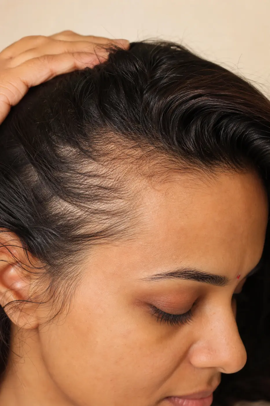 Close view of temple hairline showing thinning edges and gentle regrowth