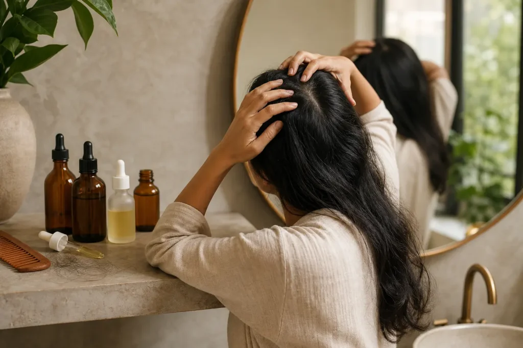 Indian woman checking scalp part beside unbranded serum bottles in soft light