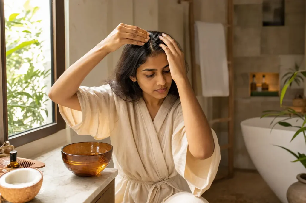 Indian woman applying hair oil to scalp in soft morning bathroom light