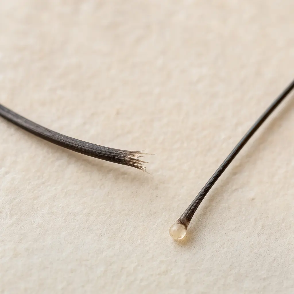 Close comparison of broken hair strand and shed hair with root bulb