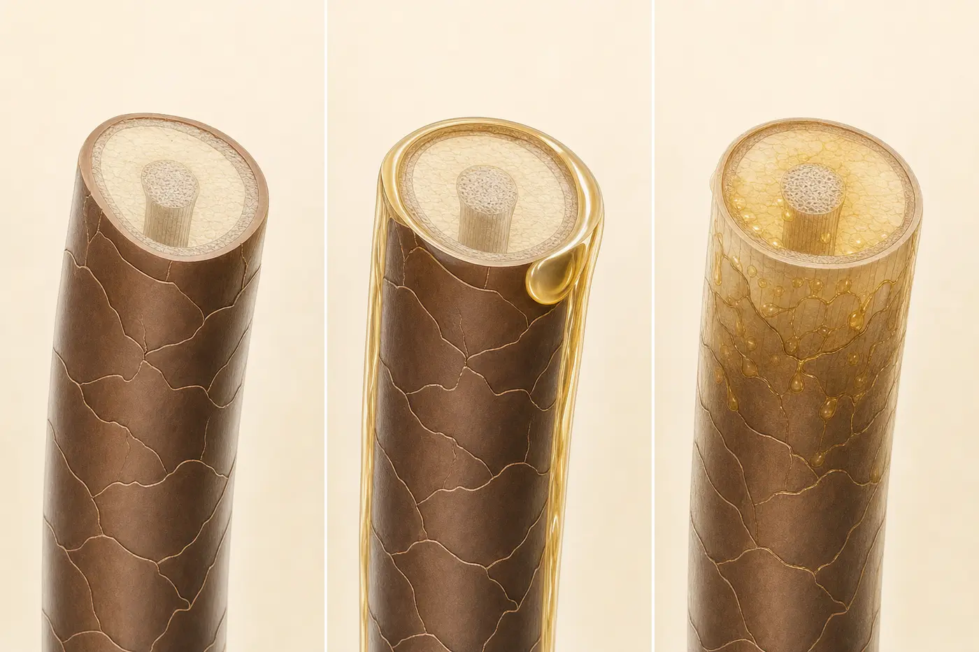 Three-panel hair shaft diagram showing bare, coated and partially penetrated strands
