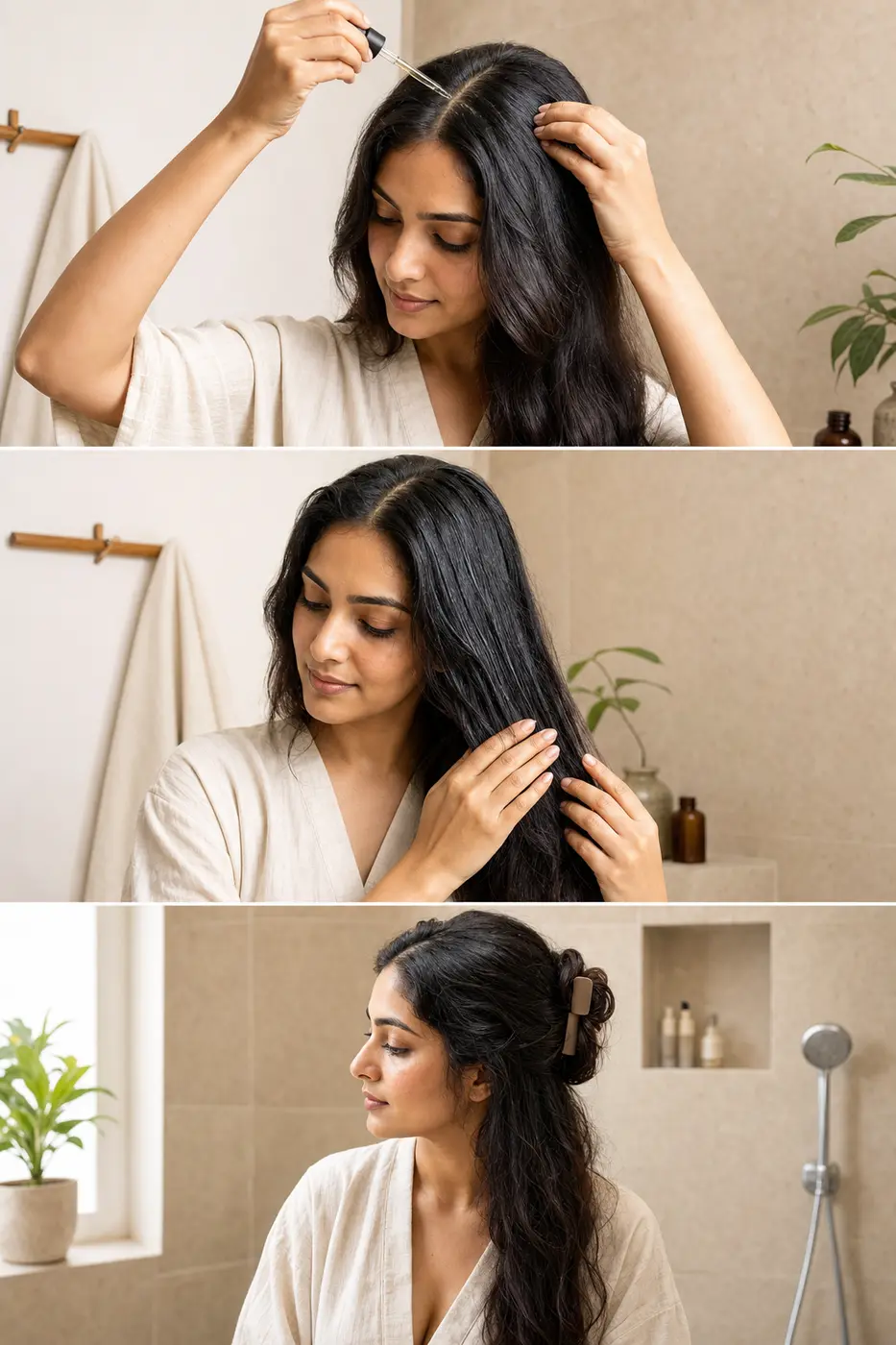 Indian woman applying light pre-wash hair oil to scalp and lengths
