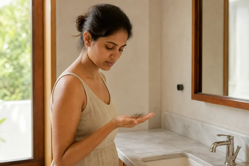 Indian woman examining shed hairs in her palm beside a bathroom sink