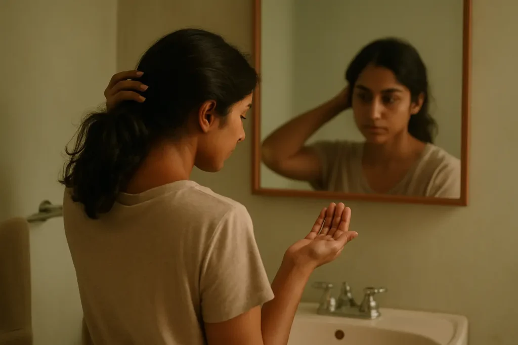 Indian woman checking scalp and shed hair in soft bathroom light