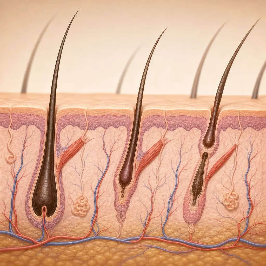 Scalp cross-section showing hair follicles in growing, resting, and shedding stages