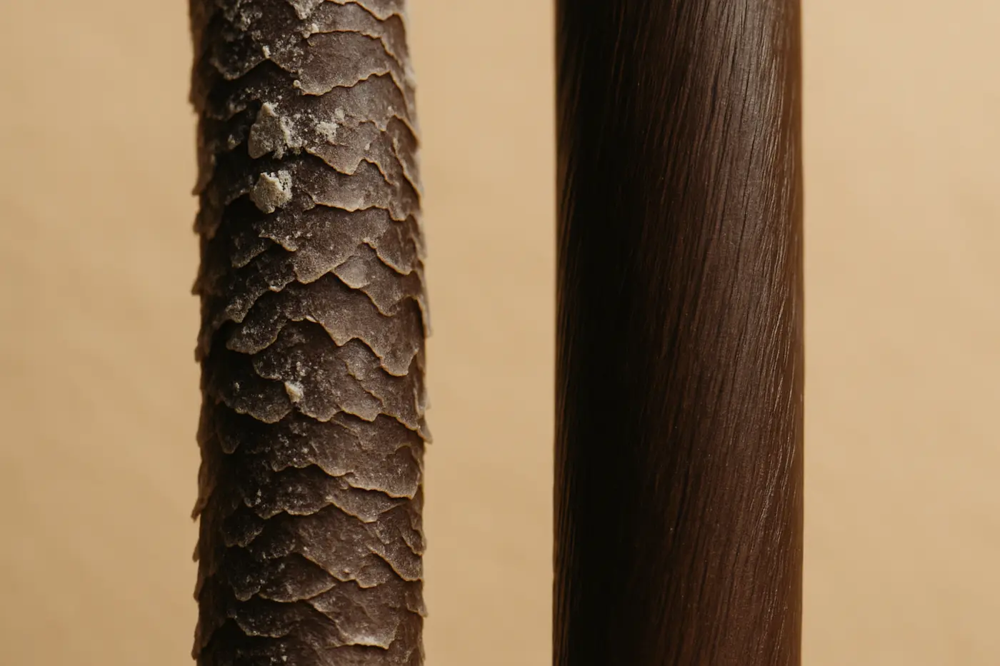 Macro comparison of rough mineral-coated hair strand and smoother cleansed strand