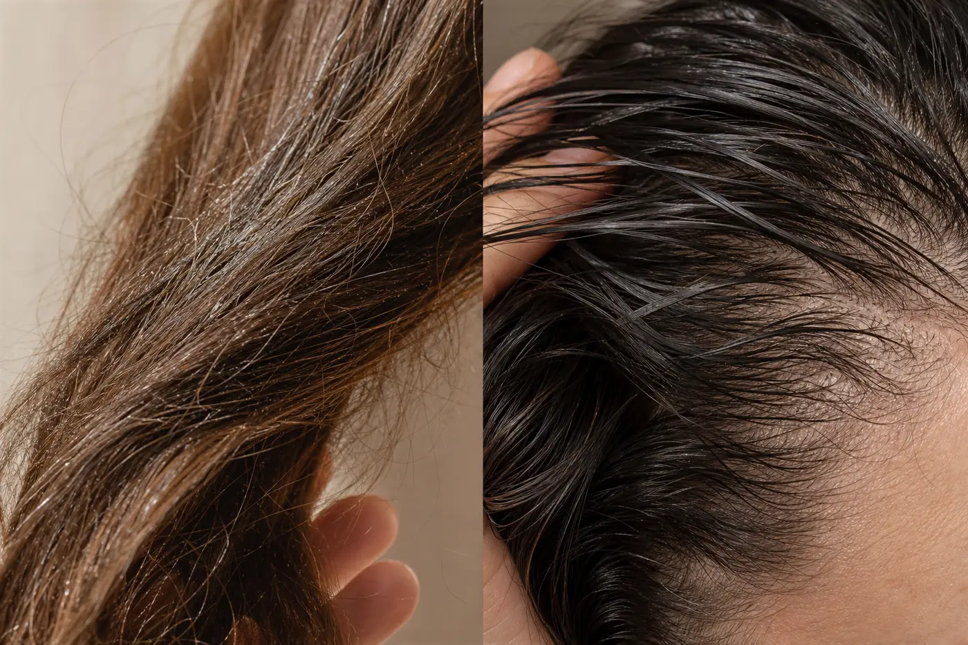 Close comparison of rough mineral-coated hair and smoother humid oily roots
