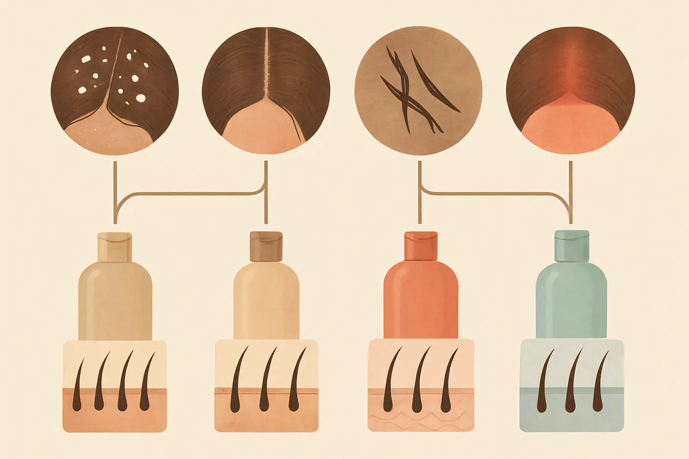 Branching diagram of scalp symptoms leading to different shampoo categories