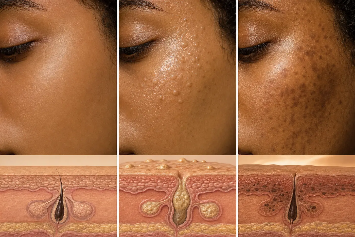 Skin vignettes showing breakouts, heavy residue, and dark post-acne marks