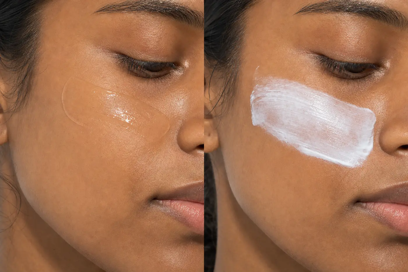 Close comparison of gel and cream sunscreen finishes on medium-deep skin