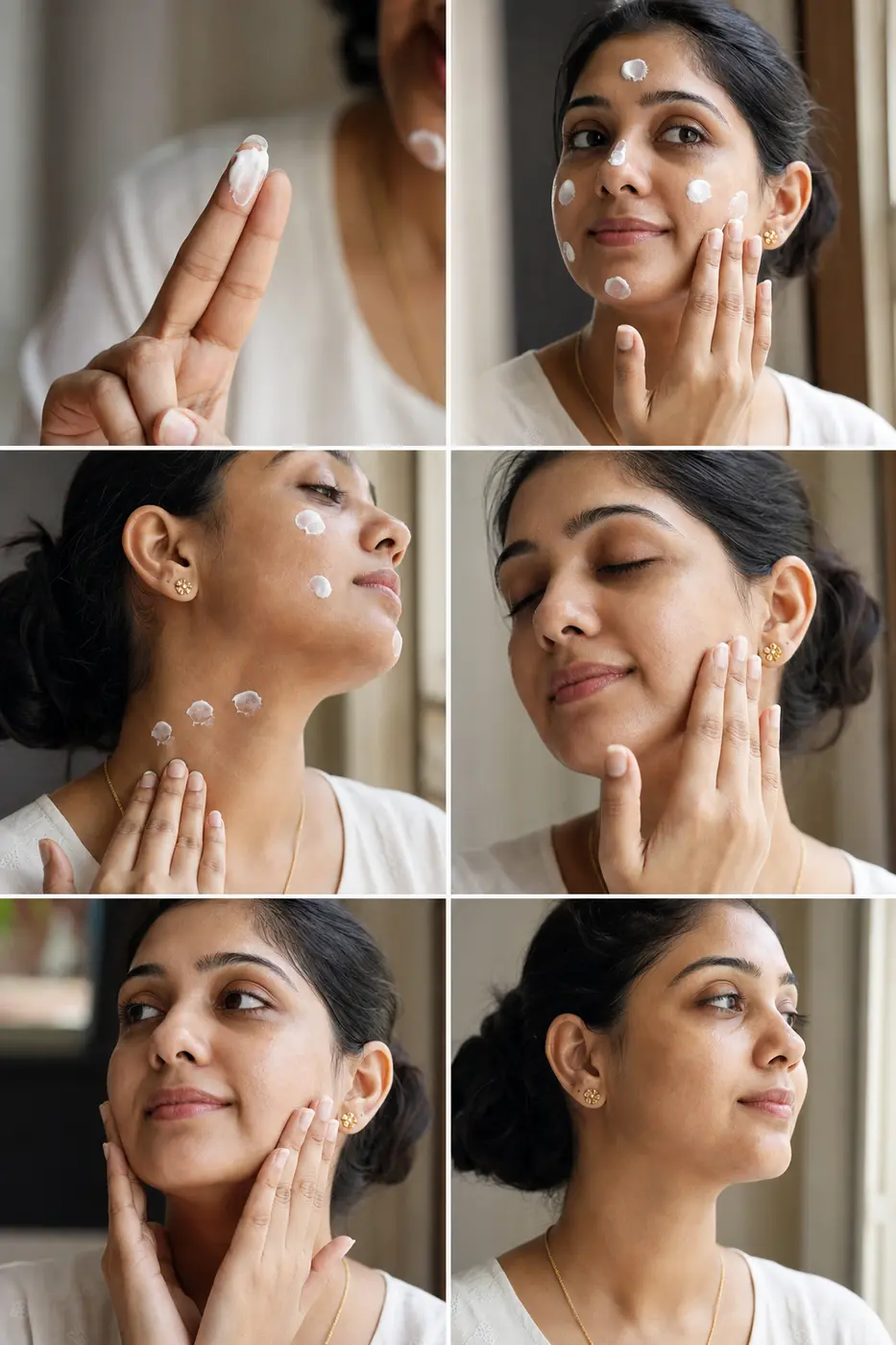 Indian woman measuring sunscreen on two fingers before applying to face