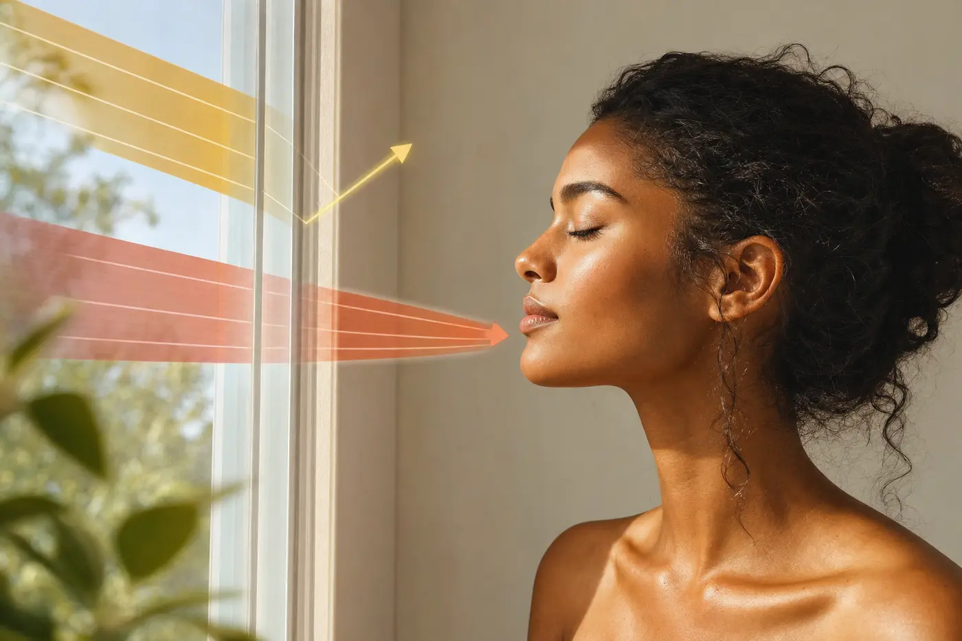 Sunlight passing through window toward brown skin with one ray penetrating glass