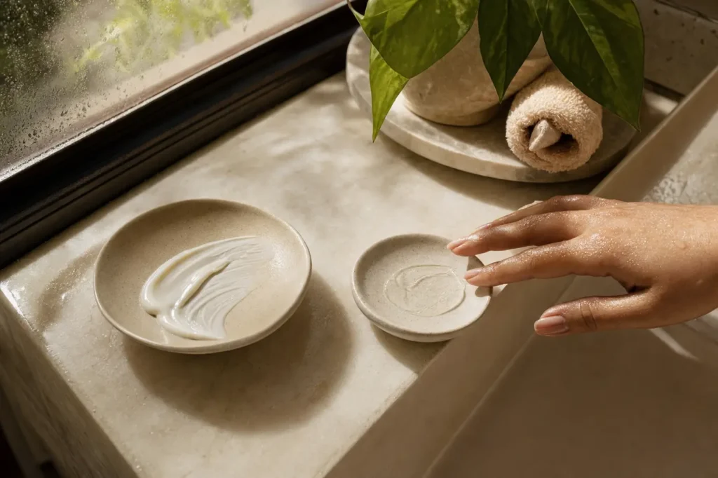 Sunlit skincare scene with gel and cream sunscreen textures beside an Indian hand