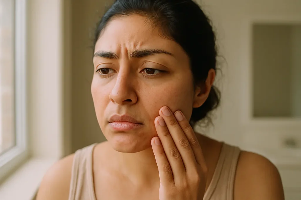 Indian woman gently touching irritated cheek in soft natural window light
