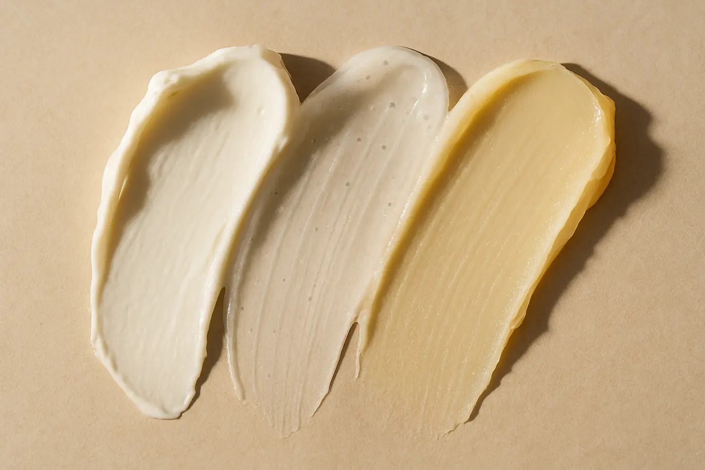 Three moisturizer textures showing cream, gel and occlusive balm side by side