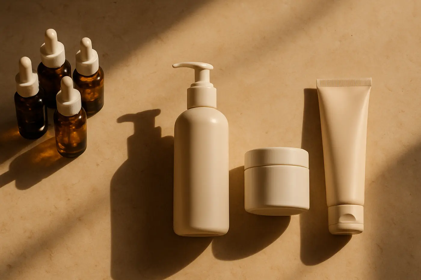 Minimal skincare trio separated from multiple active bottles on stone surface