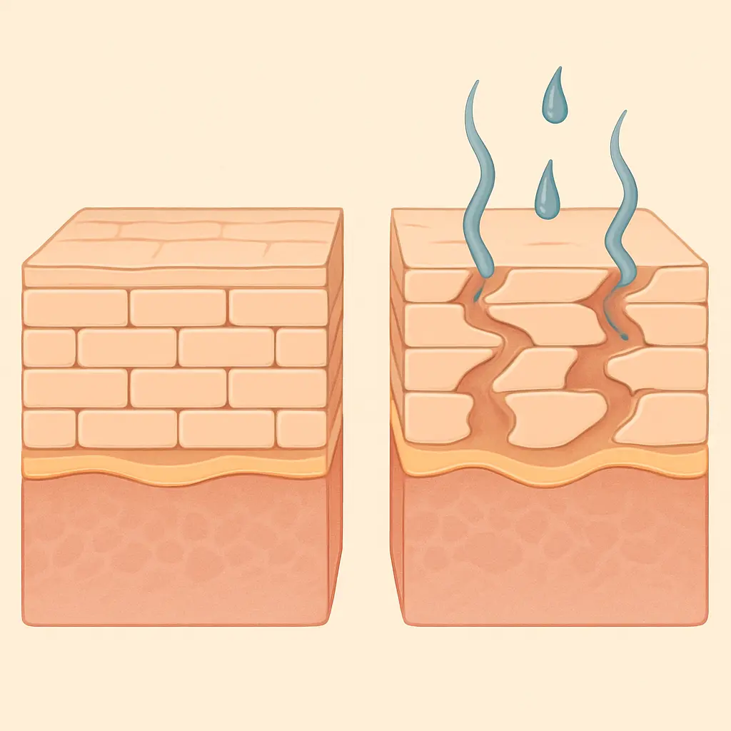 Skin cross section comparing intact barrier surface with disrupted moisture-leaking barrier