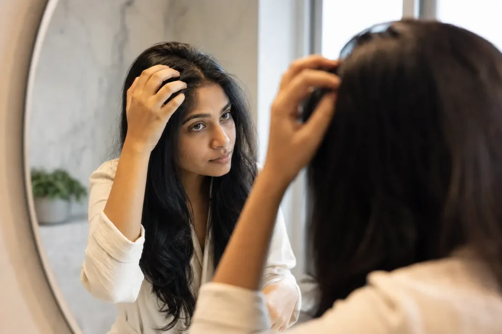 Indian woman examining her scalp in a softly lit bathroom mirror
