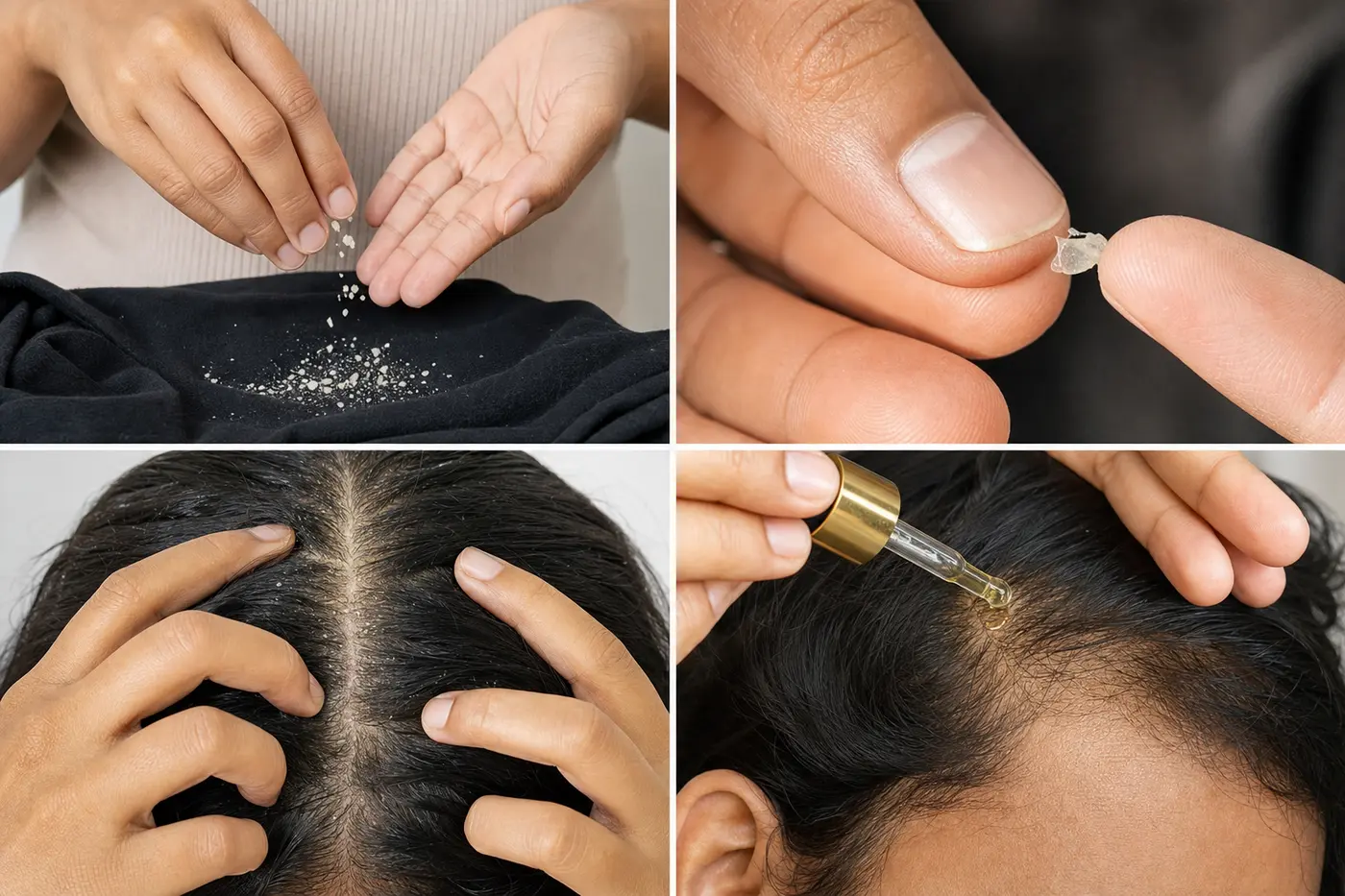 Four-step visual sequence for checking flakes, scalp feel and oil response