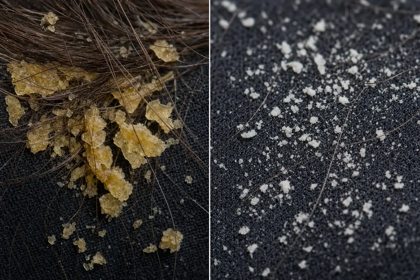 Greasy clumped flakes beside fine powdery white flakes on dark fabric