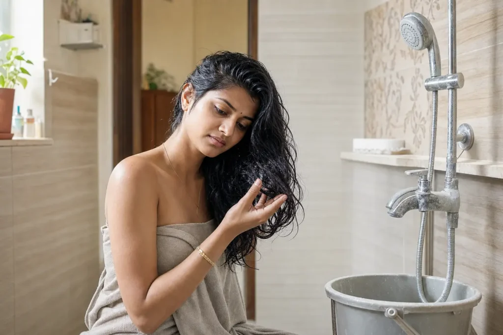 Indian woman checking rough damp hair in a softly lit bathroom