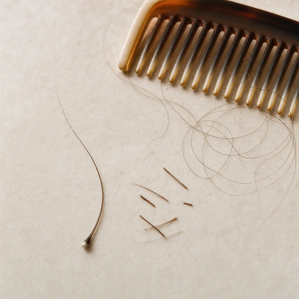 Snapped hair fragments beside a longer shed strand with root bulb