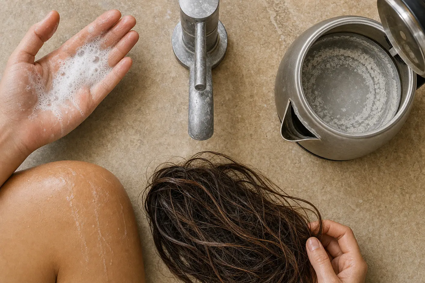 Five household signs of hard water shown in one overhead composition