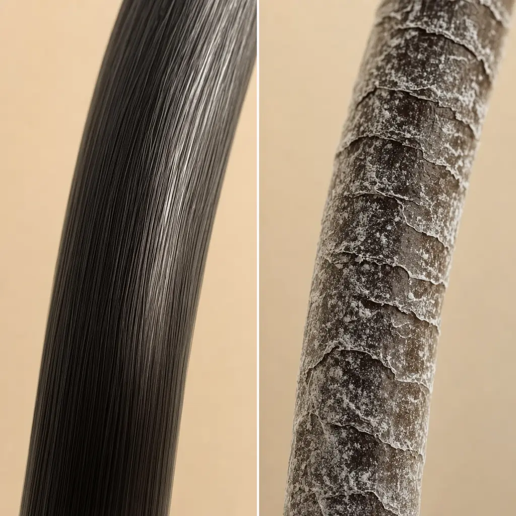 Close comparison of smooth hair strand and mineral coated rough hair strand