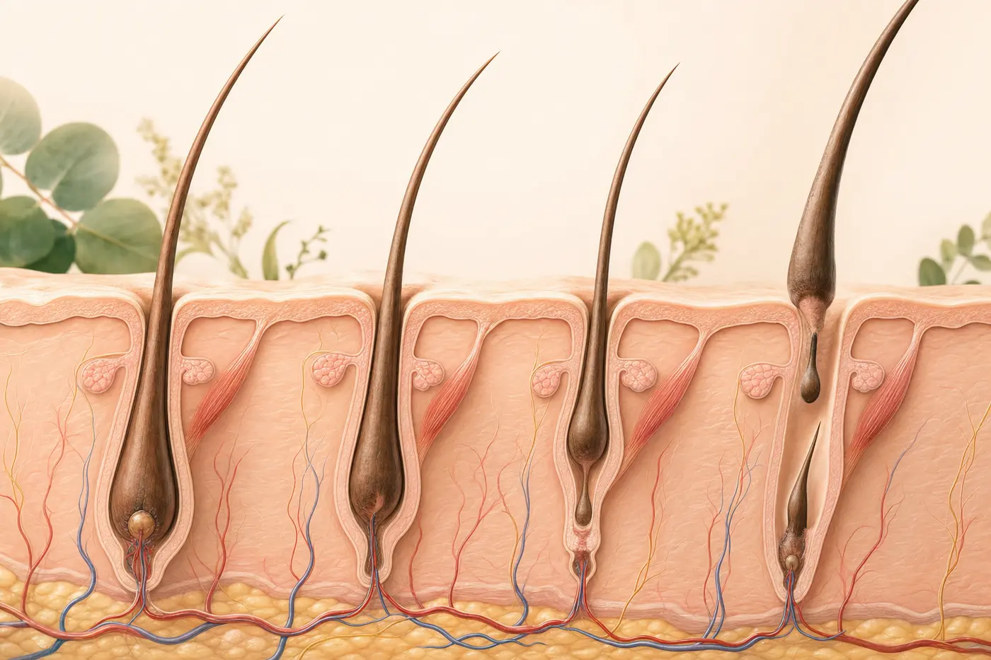Scalp follicle illustration showing growing, resting, and shedding hairs in sequence