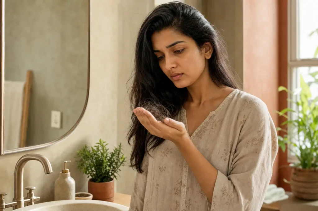 Indian woman looking at shed hair strands in soft bathroom morning light