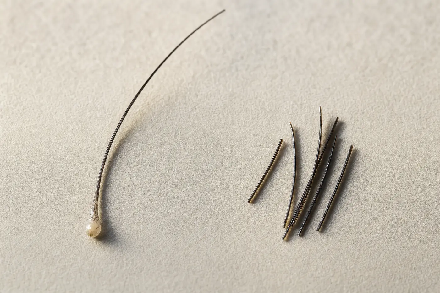 Close-up comparison of full shed hair with bulb and broken fragments
