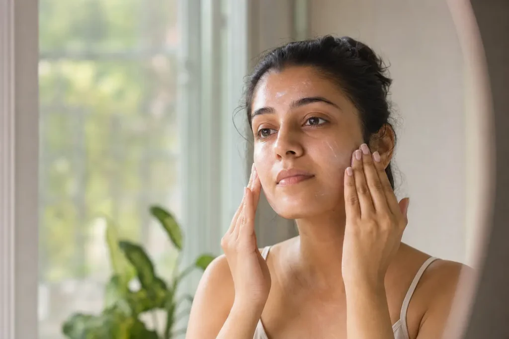 Indian woman applying sunscreen evenly across face in soft morning window light