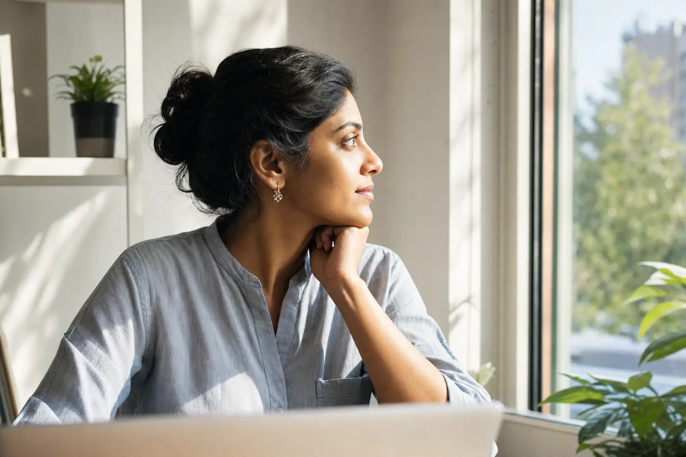 Indian woman working beside a sunny window with light hitting one side