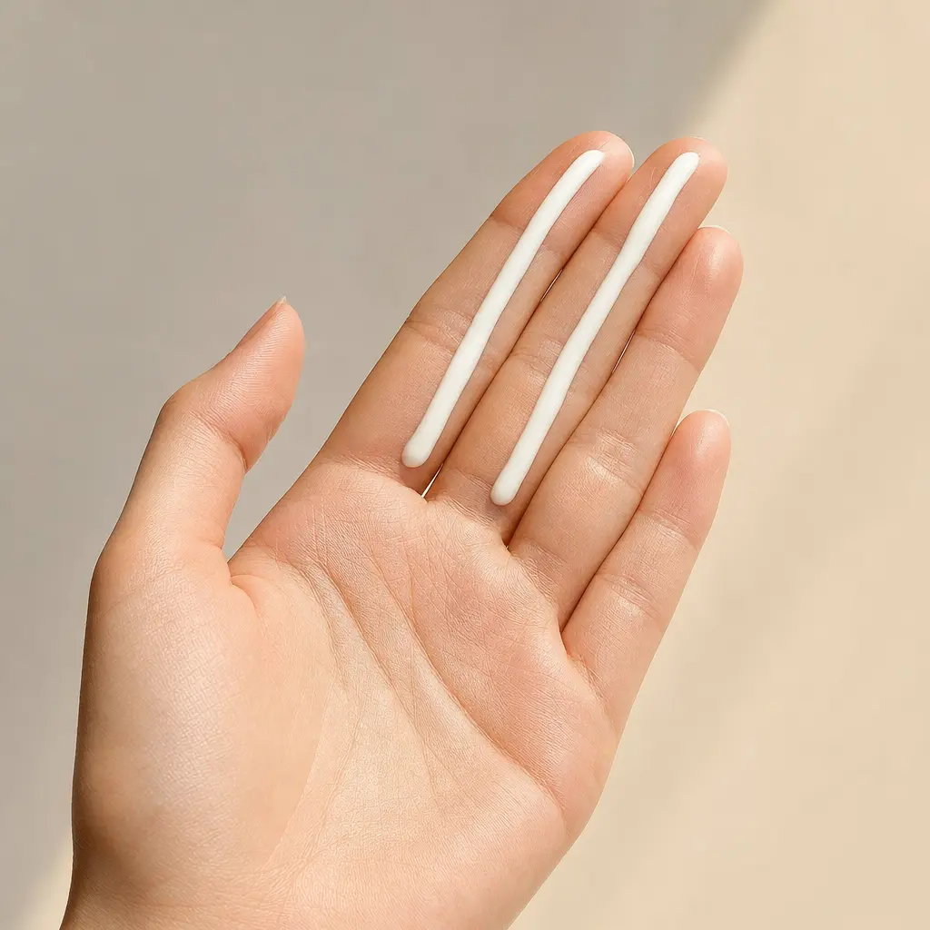 Close-up of two fingers with even lines of sunscreen from base to tip