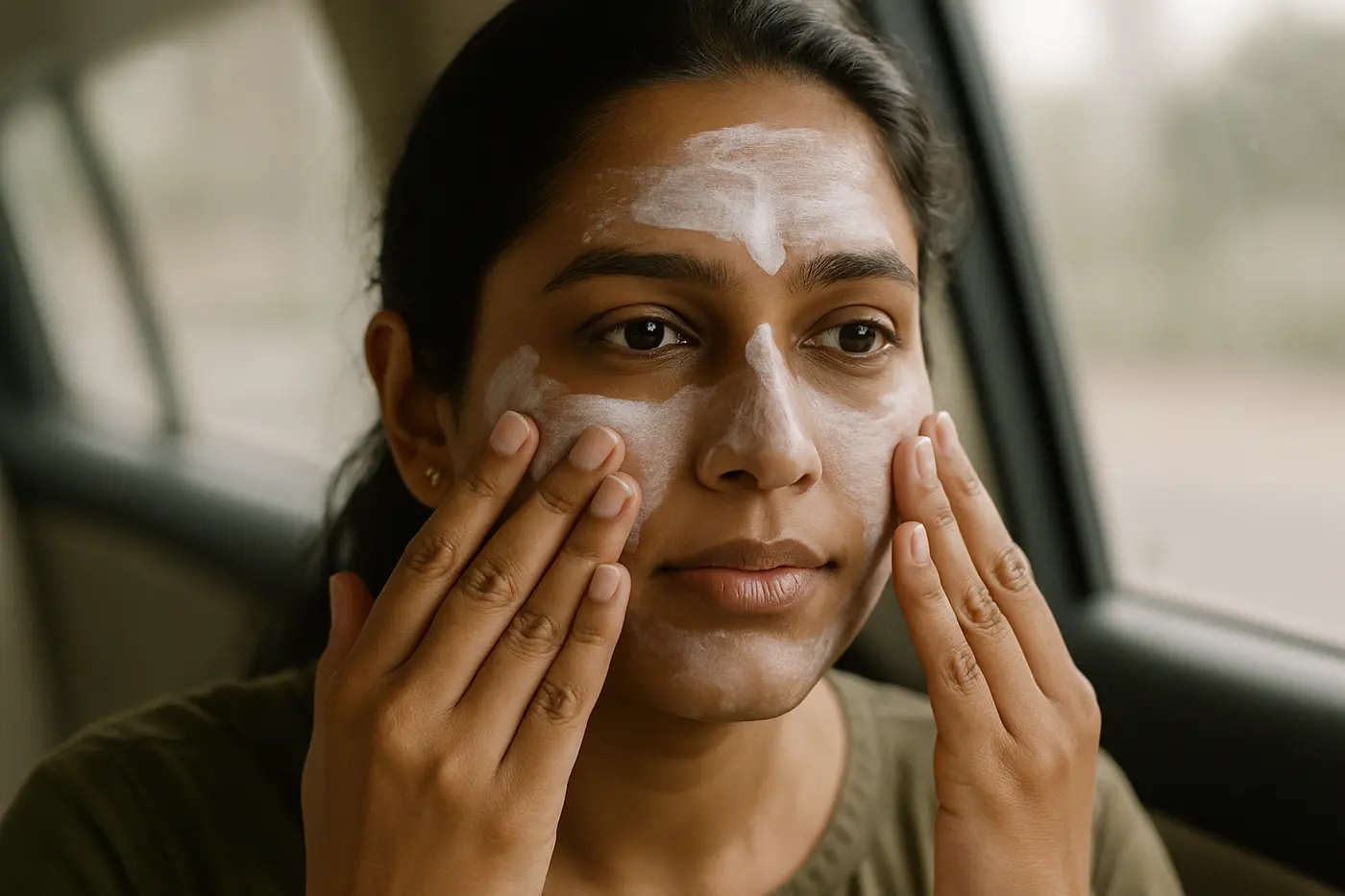Indian woman applying sunscreen indoors beside a bright window