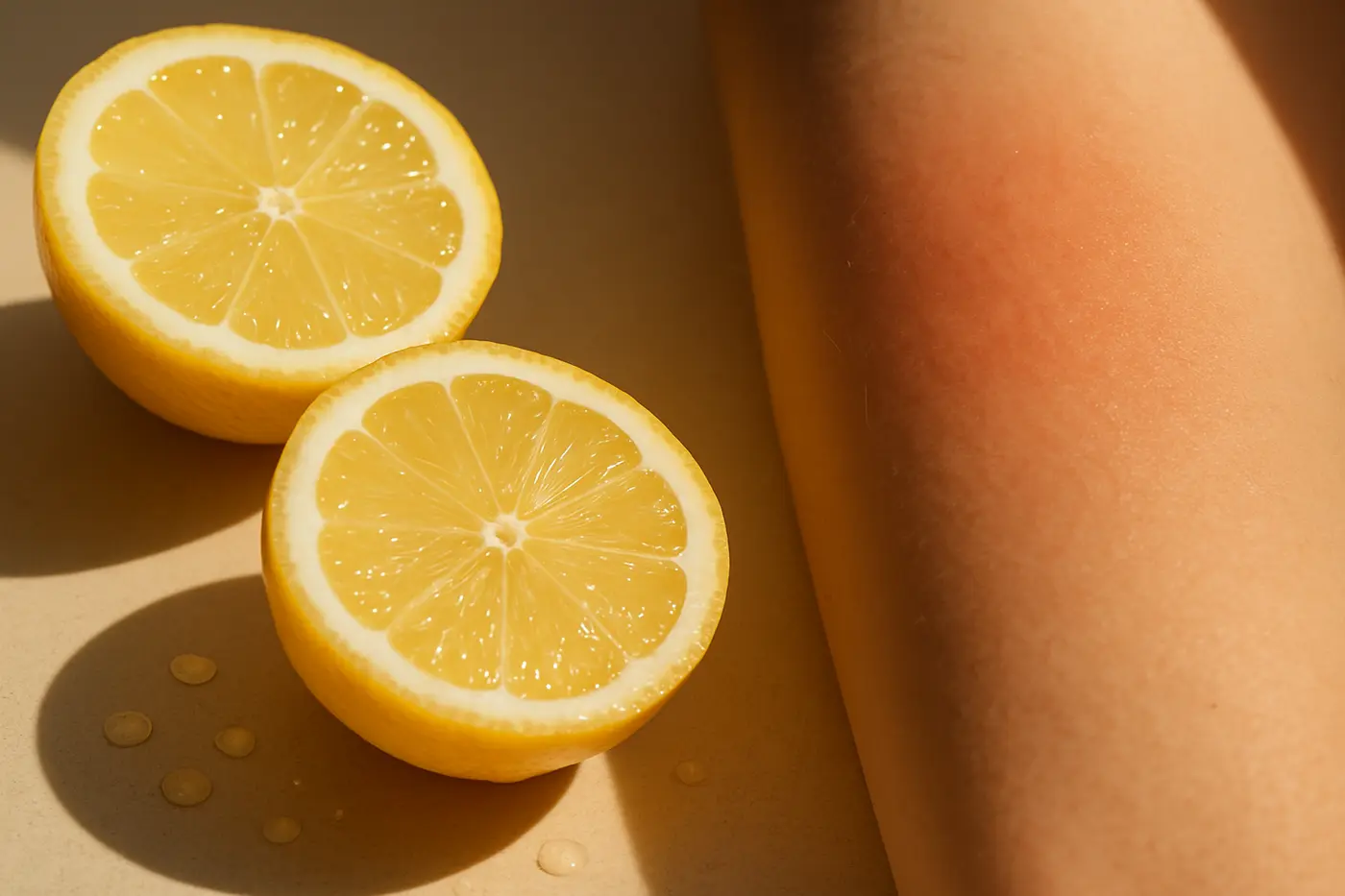 Lemon beside sunlit skin with visible redness suggesting irritation risk