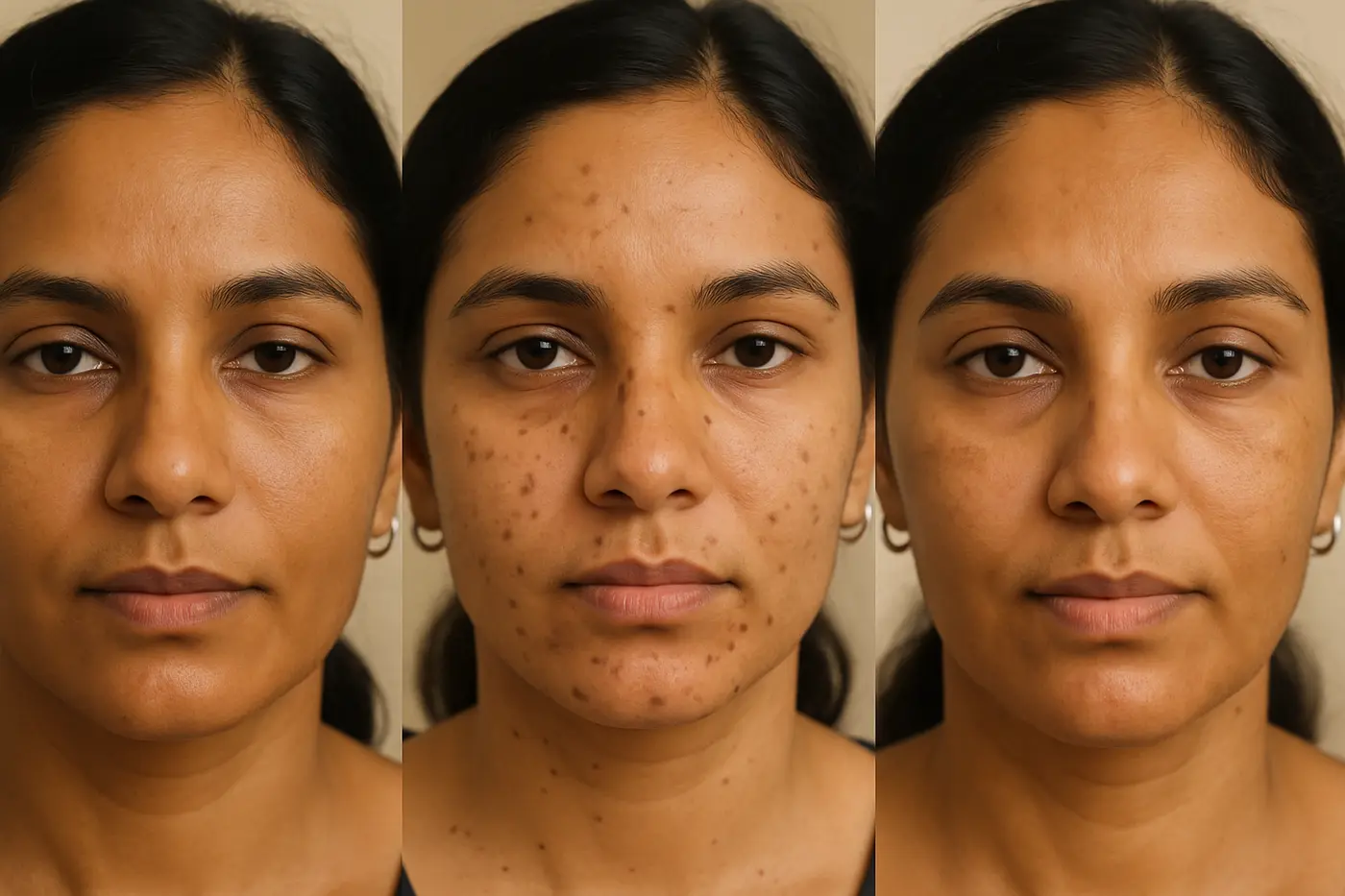 Three facial pattern examples showing tan, scattered marks, and symmetrical patches