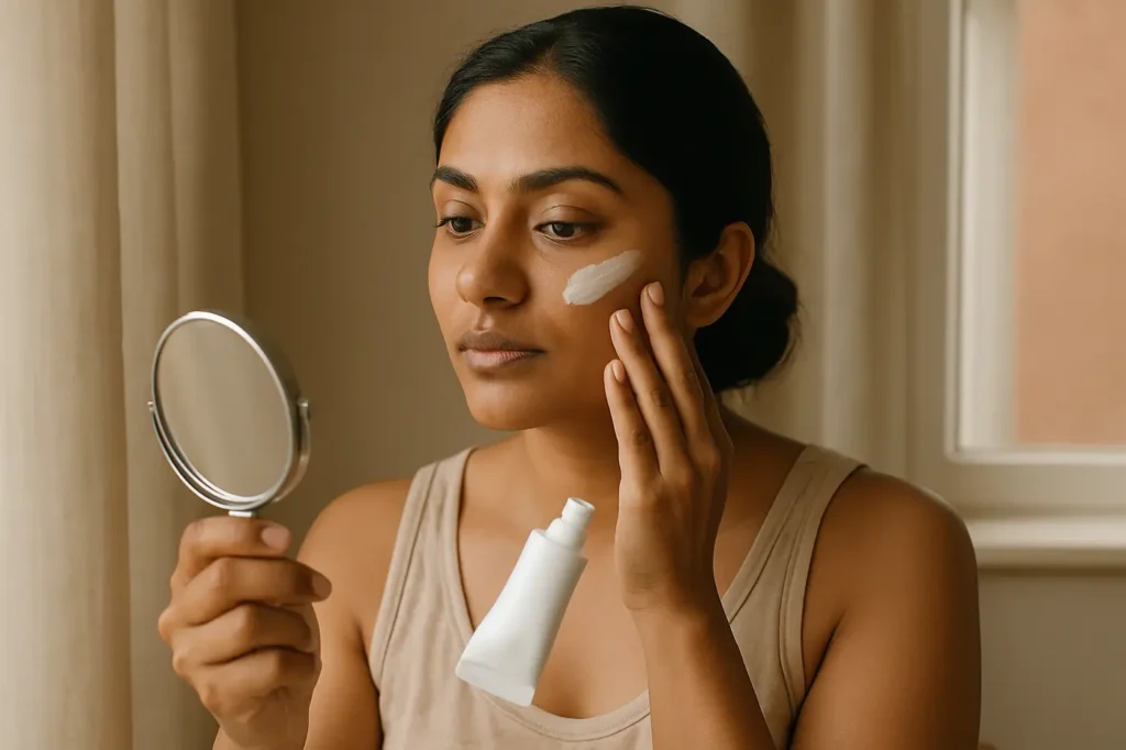 Indian woman applying sunscreen near a window in soft natural light