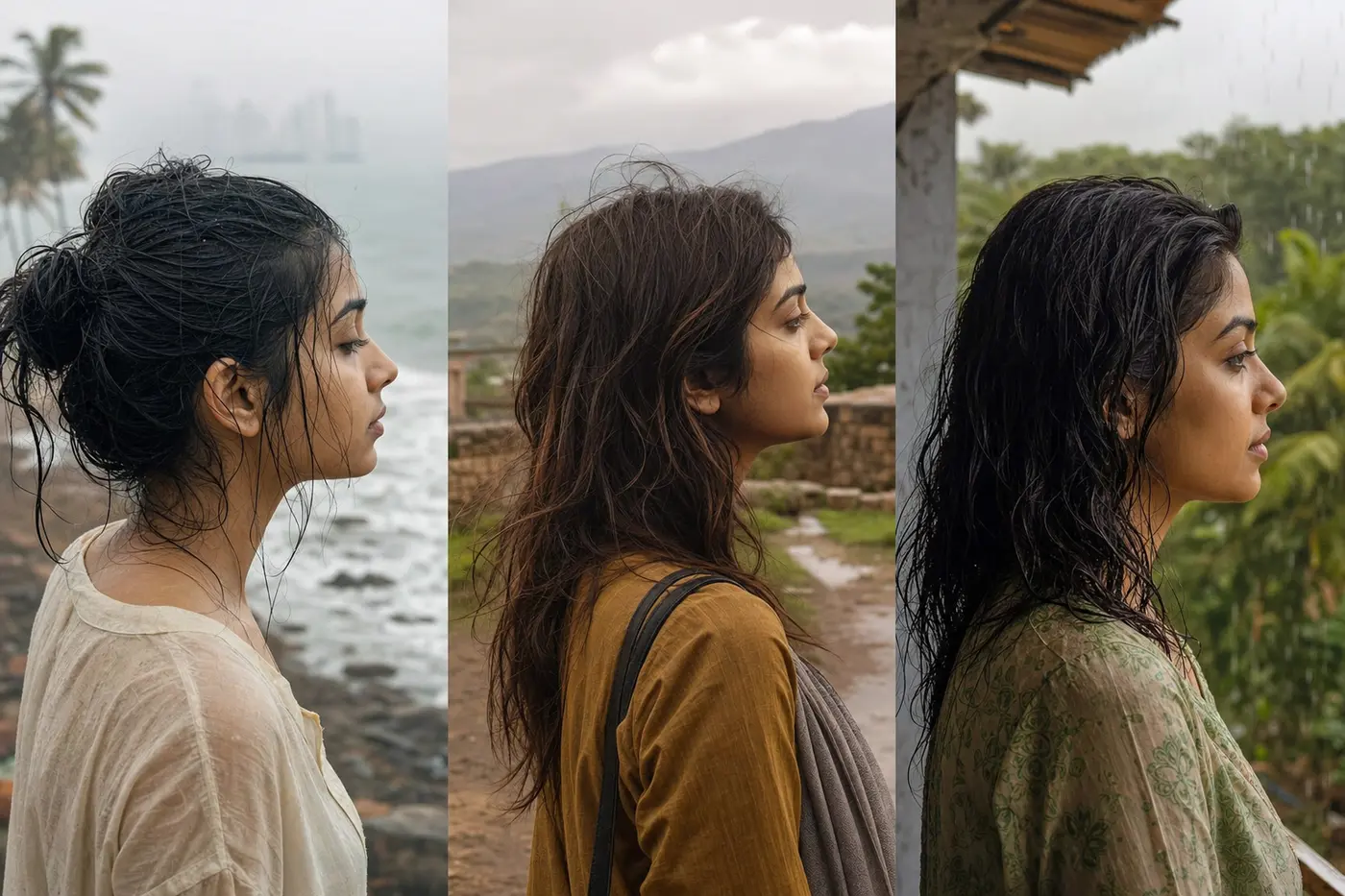 Three Indian women in different monsoon conditions with varied hair responses