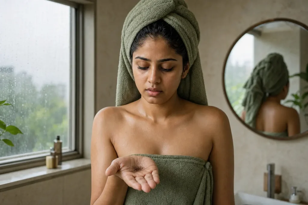 Indian woman checking shed hair in her palm beside a bathroom window