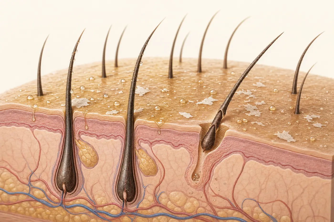 Cutaway scalp illustration showing sweat, oil, flakes, and a shedding hair