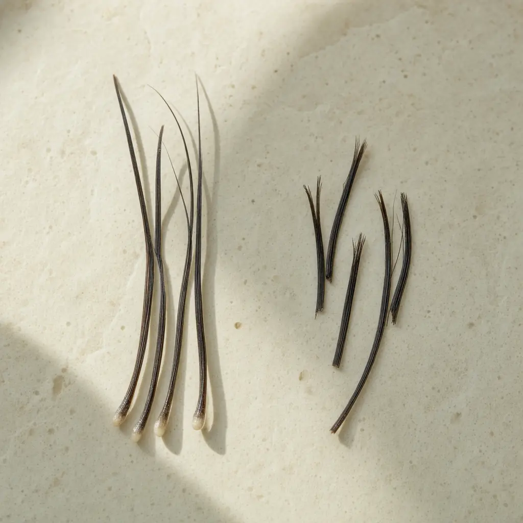 Two groups of shed hair strands showing bulbs versus snapped ends