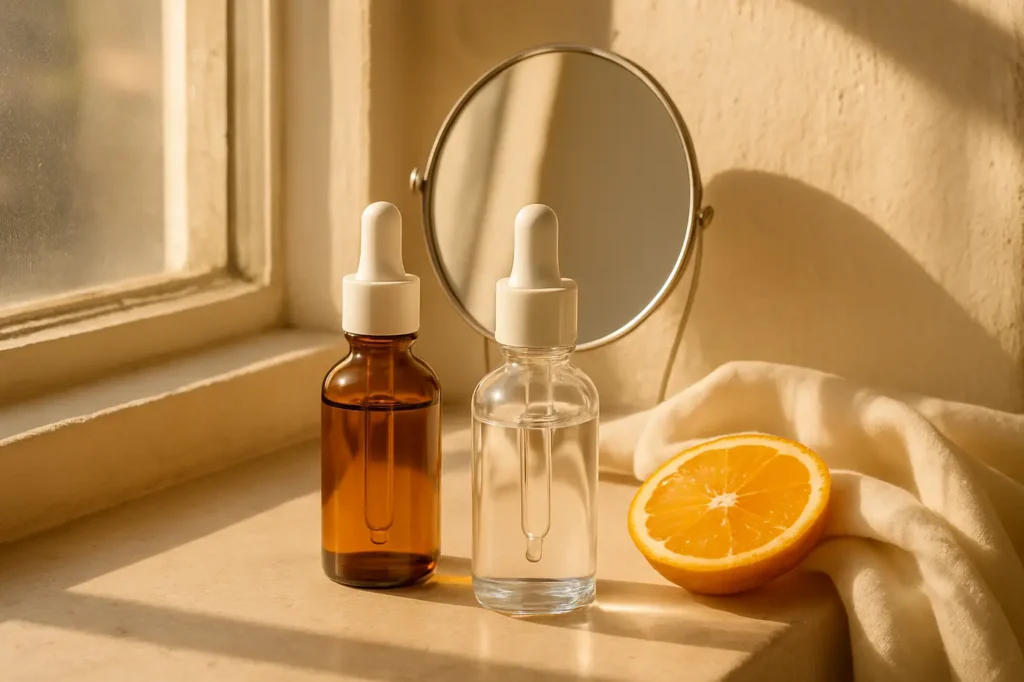 Two unbranded serum bottles on a sunlit shelf with warm natural textures