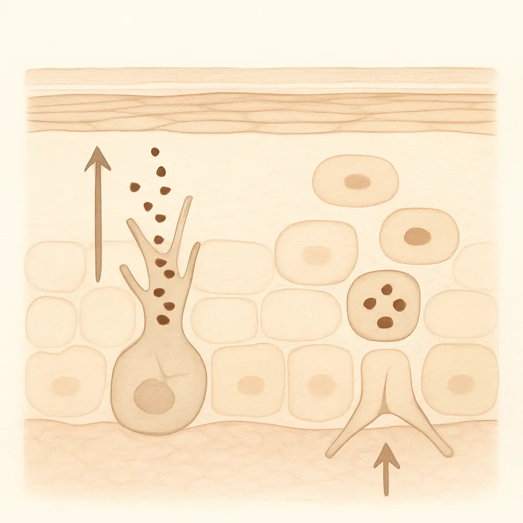 Skin cross-section showing two different pigment pathways with simple directional arrows