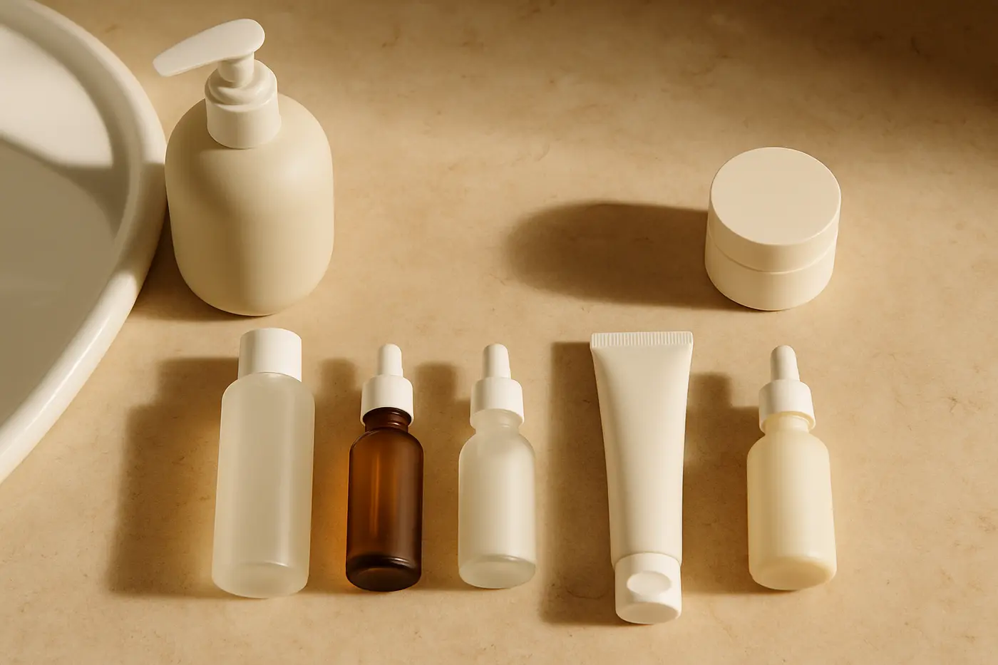 Unbranded skincare products arranged in morning and evening routine sequence on counter