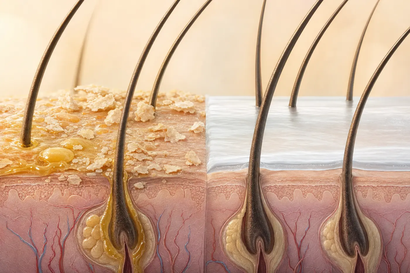 Scalp cross-section contrasting oily flaking with dry barrier needing moisture