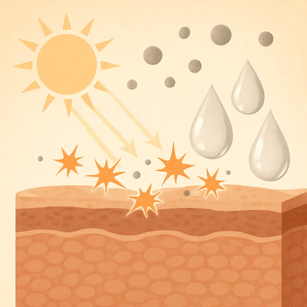 Cross section of skin showing serum neutralising UV and pollution damage