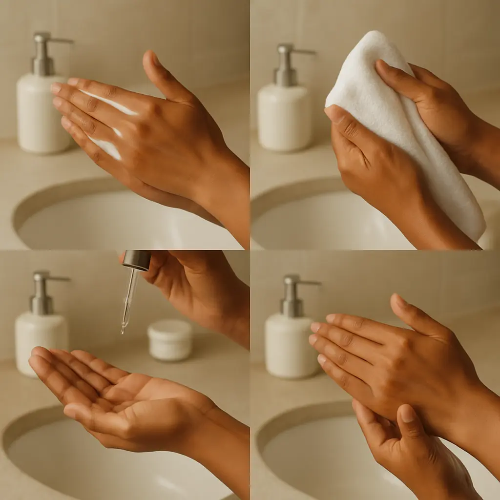 Five-panel sequence showing cleanser serum moisturiser and sunscreen application order